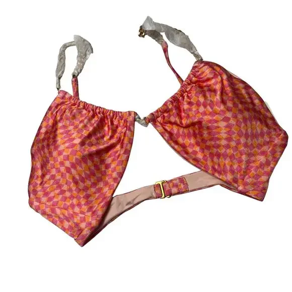L*SPACE Sammie Bikini Top Heat Waves Pink Abstract Chain Strap U Front XL NEW - Picture 4 of 7